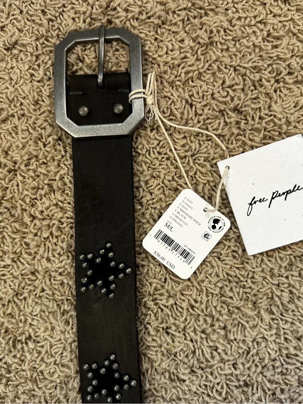 FREE PEOPLE size M/L Leather Starcrossed Studded Belt Midnight Hour Black NEW!